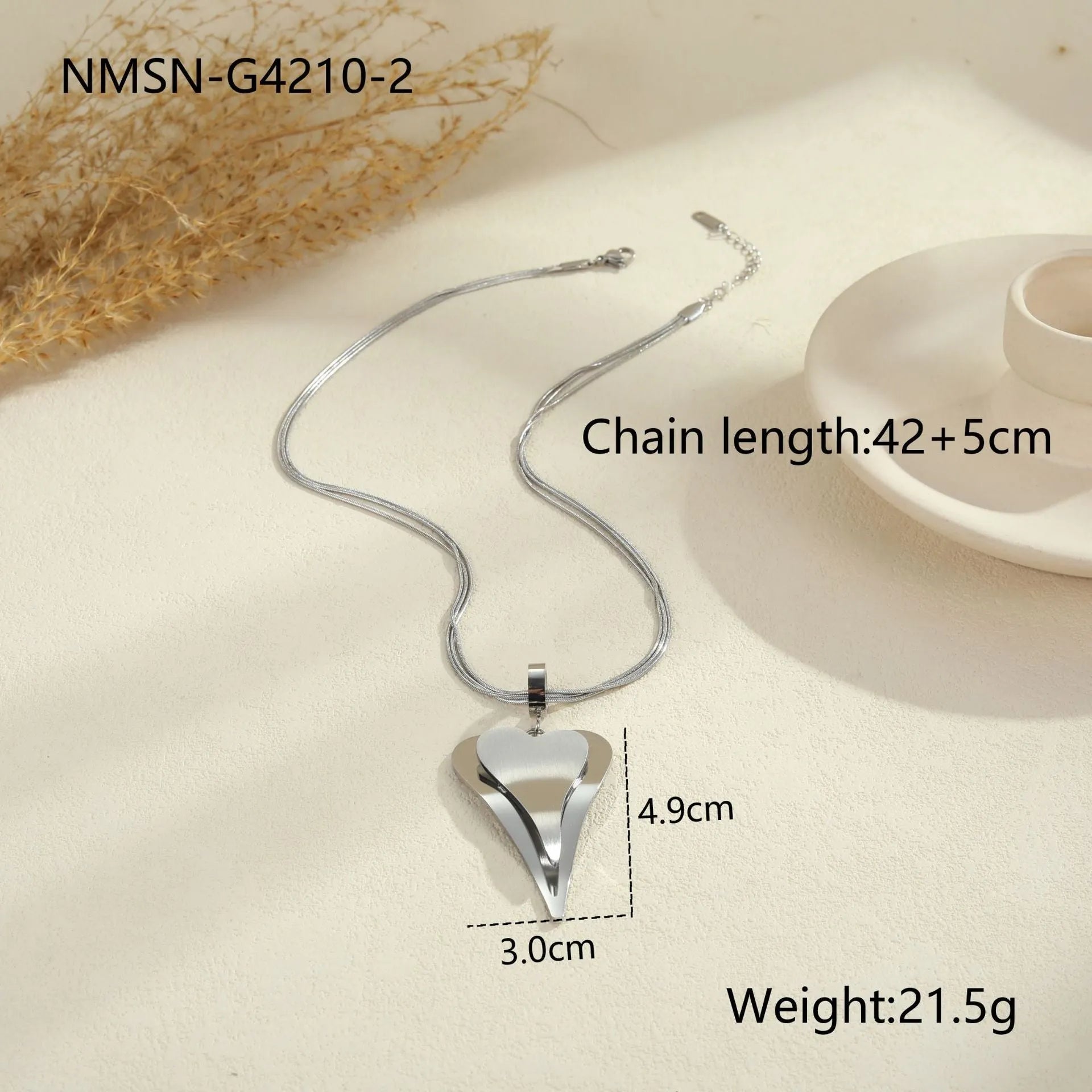 Women's stainless steel double heart snake bones chain necklace with geometric pendant