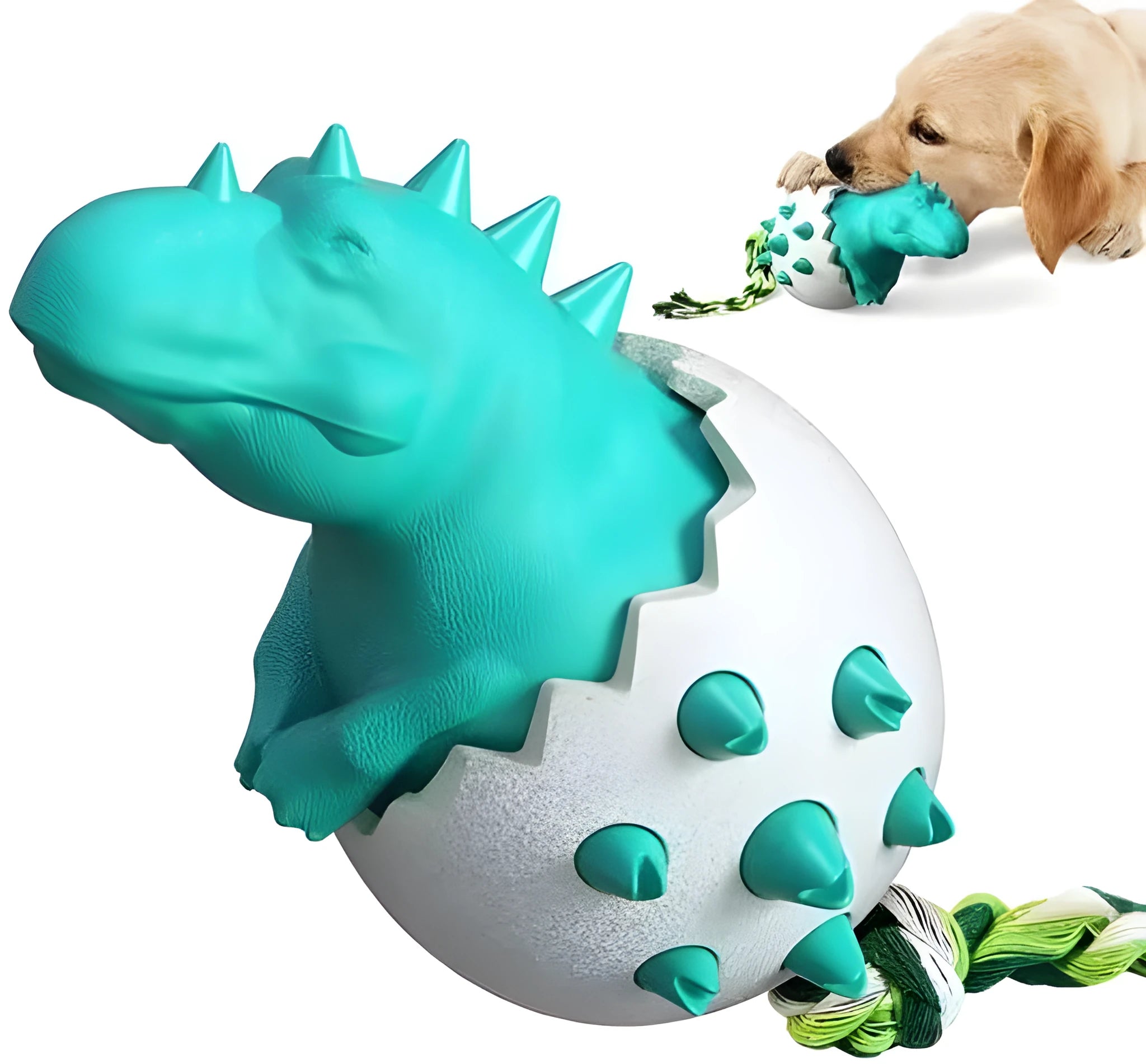Dinosaur-shaped natural rubber dog chew toy with rope attachment in blue, green, orange or yellow