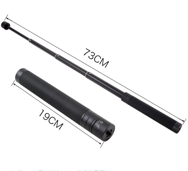 Black aluminium retractable selfie stick with stabilizer, shown extended and with built-in tripod stand.