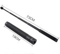 Black aluminium retractable selfie stick with stabilizer, shown extended and with built-in tripod stand.