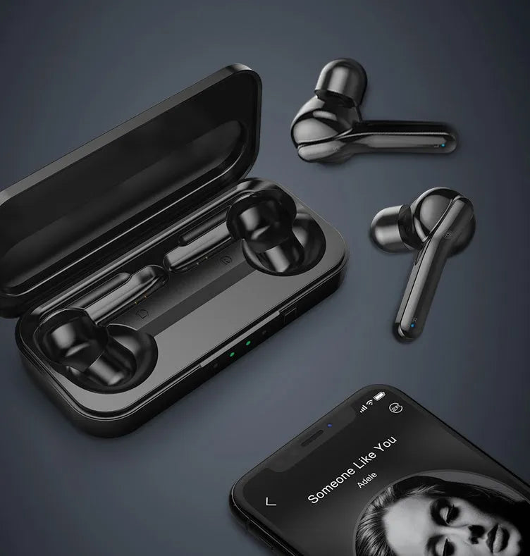 Black and white TWS wireless headset with Bluetooth 5.0 and IPX5 waterproof rating