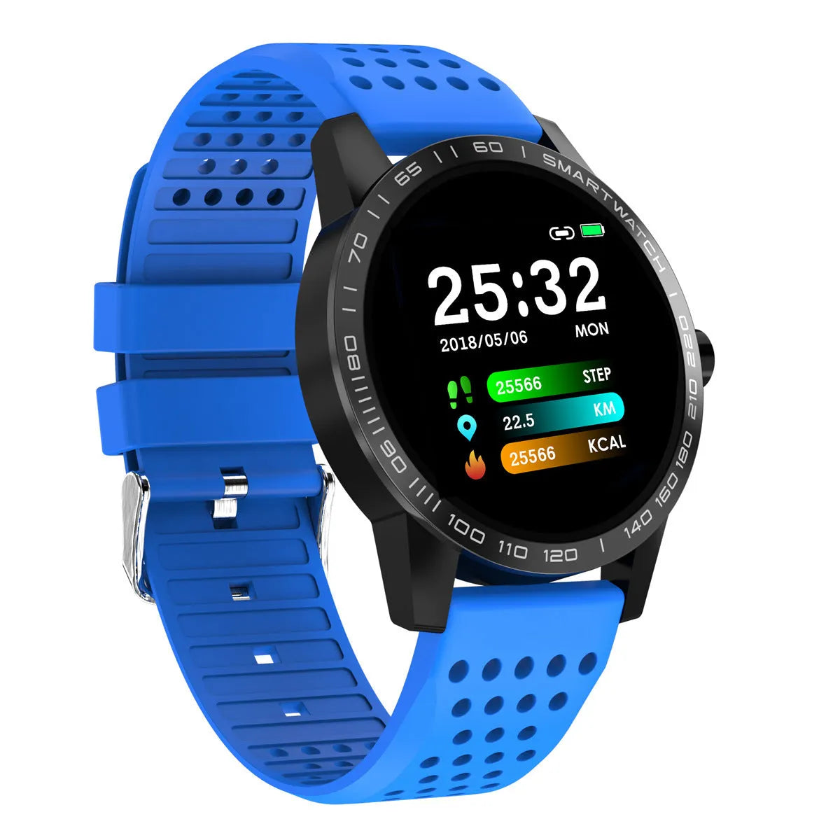 Black smart bracelet with colour screen displaying heart rate and step count data