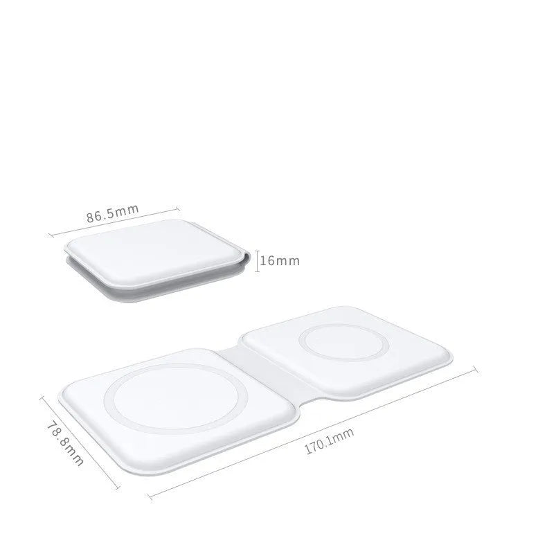 White 2 in 1 magnetic wireless charging dock with foldable design showing dual charging surfaces