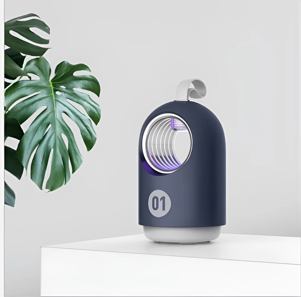 Blue and white indoor mosquito killer lamp with UV light, USB port, and silicone carry handle.
