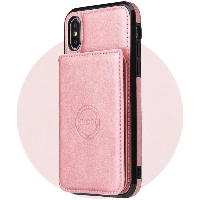 Imitation leather card wallet phone case for iPhone in solid colours showing card slots.