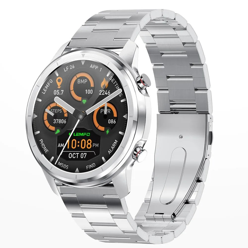 LEMFO LF26 smart bracelet with 1.3-inch screen shown in black and silver colour options.