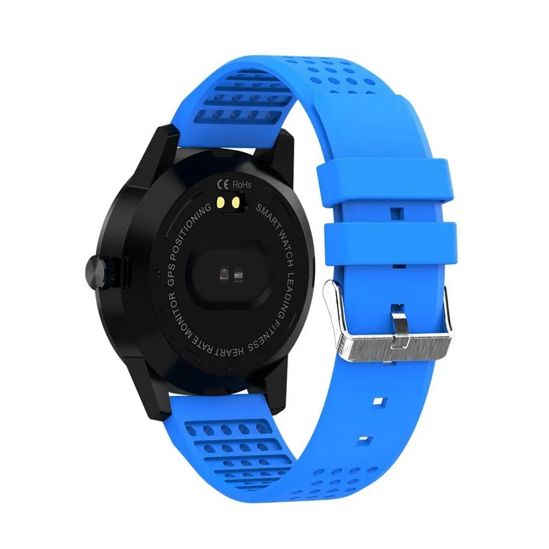 Black smart bracelet with colour screen displaying heart rate and step count data