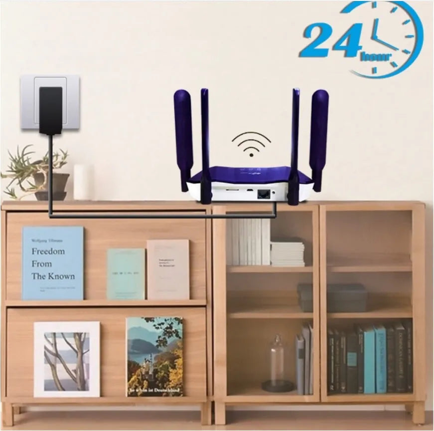 Blue 4G dual-mode router with four external antennas for wireless and wired internet connectivity