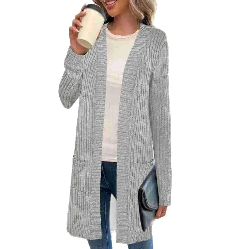 Plus size loose fit long sleeve knitted cardigan jacket in black, grey, or wine red.