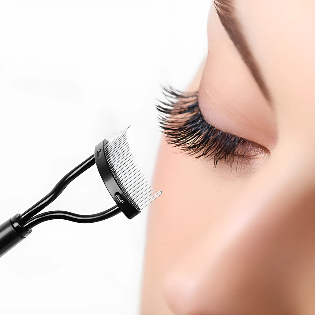 Collapsible steel needle eyelash comb with eyebrow brush, 3x14cm, portable beauty tool