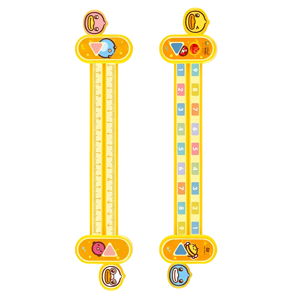 Yellow plastic children's digital resolution ruler with cartoon graphics, showing centimetre and millimetre scales.