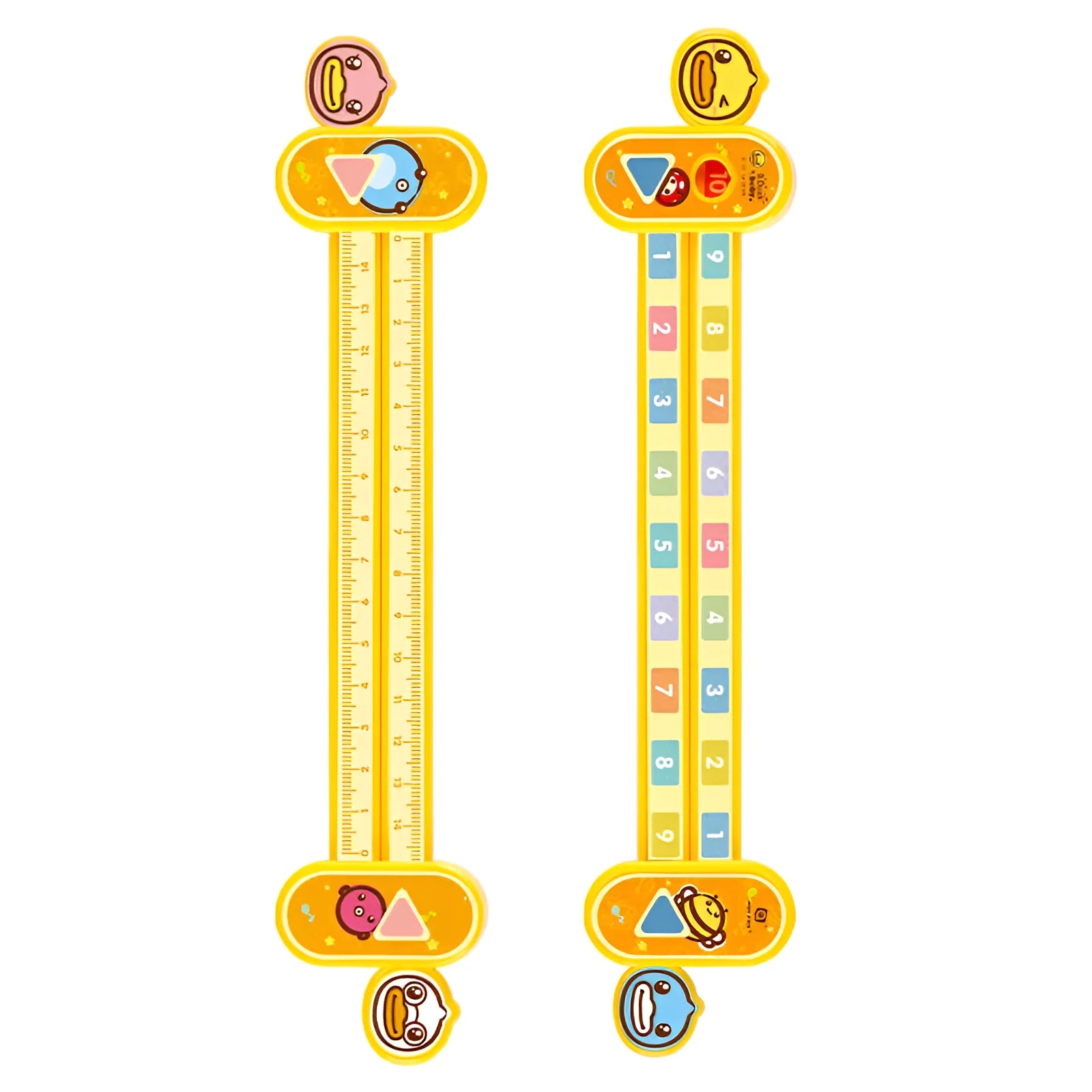 Yellow plastic children's digital resolution ruler with cartoon graphics, showing centimetre and millimetre scales.