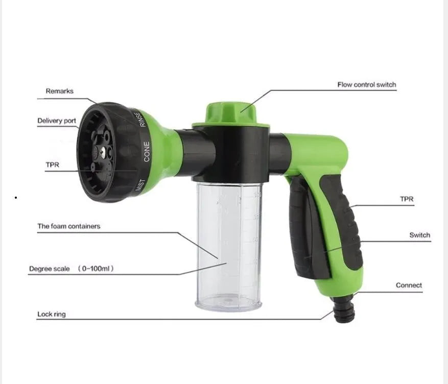 Green high-pressure foam spray gun with adjustable nozzle for car washing and garden use