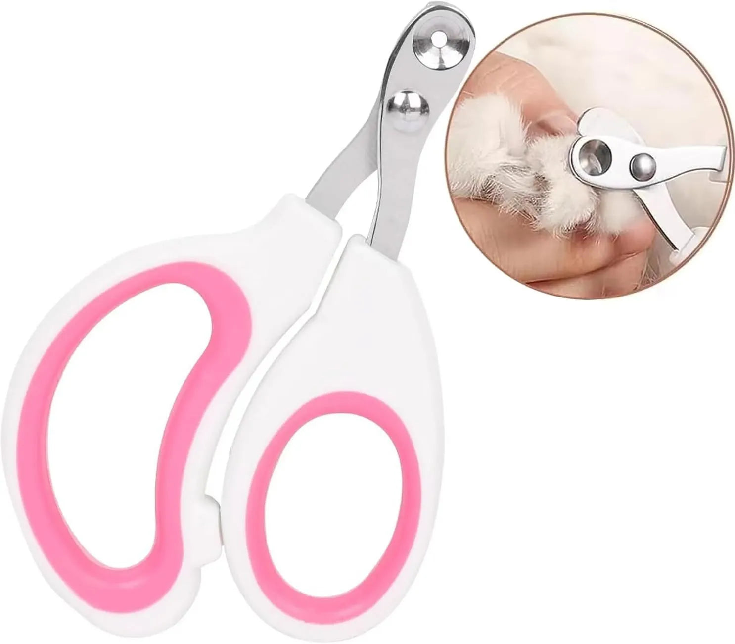 Blue cat nail clippers with a circular guide hole and non-slip handle on a white background.