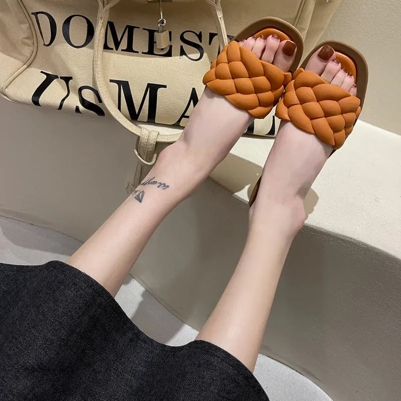 Women's plaid pattern casual sandals with thick PVC anti-skid sole in black, green, orange, and white colours.