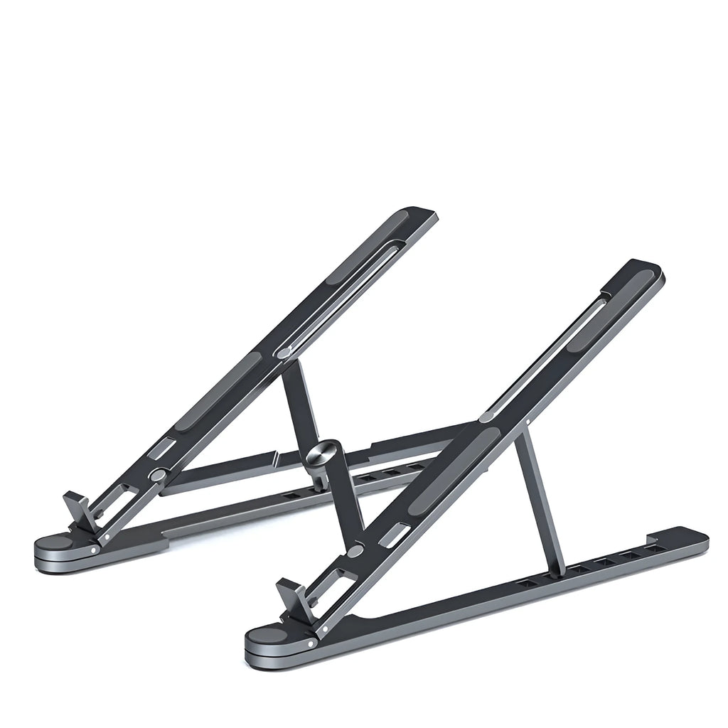 Foldable aluminum laptop stand in silver colour, shown both open in use and folded flat.
