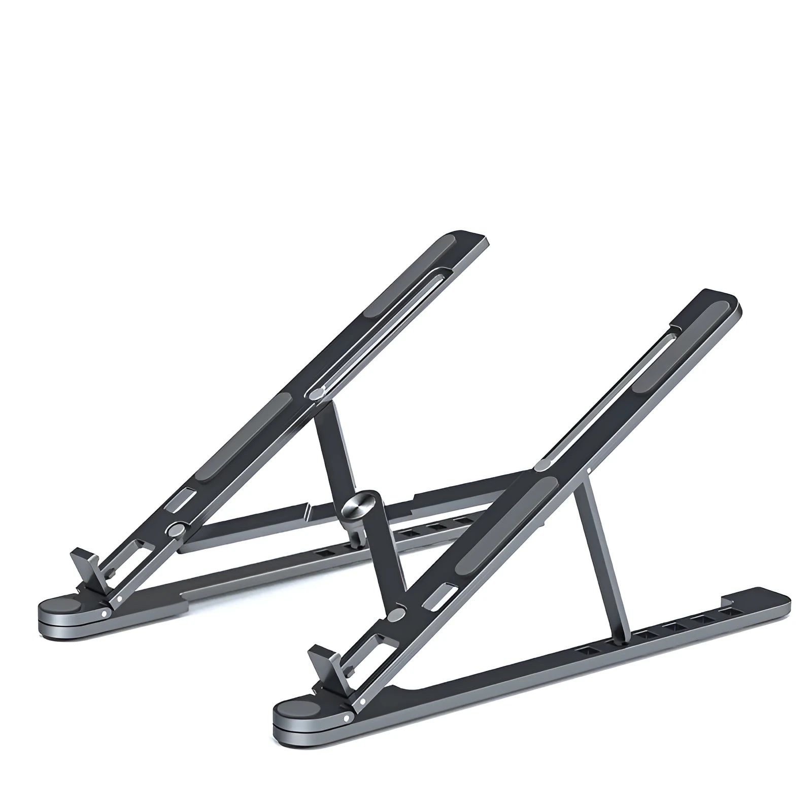Foldable aluminum laptop stand in silver colour, shown both open in use and folded flat.