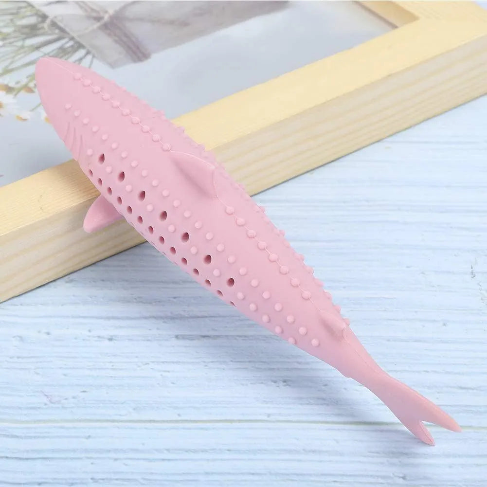 Green silicone fish-shaped interactive chew toy for cats with breathable side holes