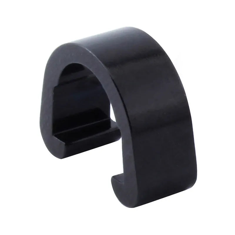 Set of ten small aluminium alloy C-shaped buckles in assorted colours on a white background.