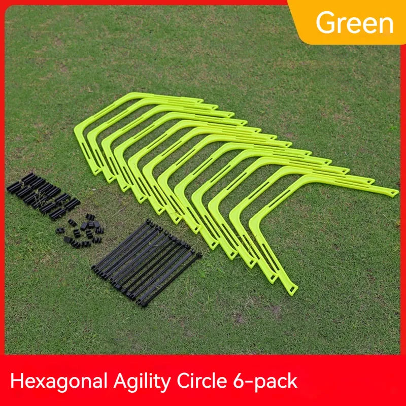Set of six foldable yellow hexagon plastic agility training rings for sports drills.