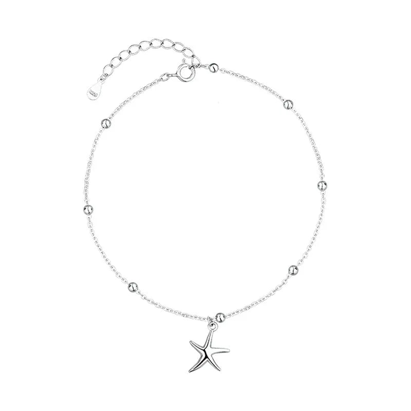 Sterling silver anklet with starfish charm and round beads on chain
