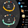 Set of twelve natural stone beaded bracelets, each with a different zodiac sign charm, on a white background.