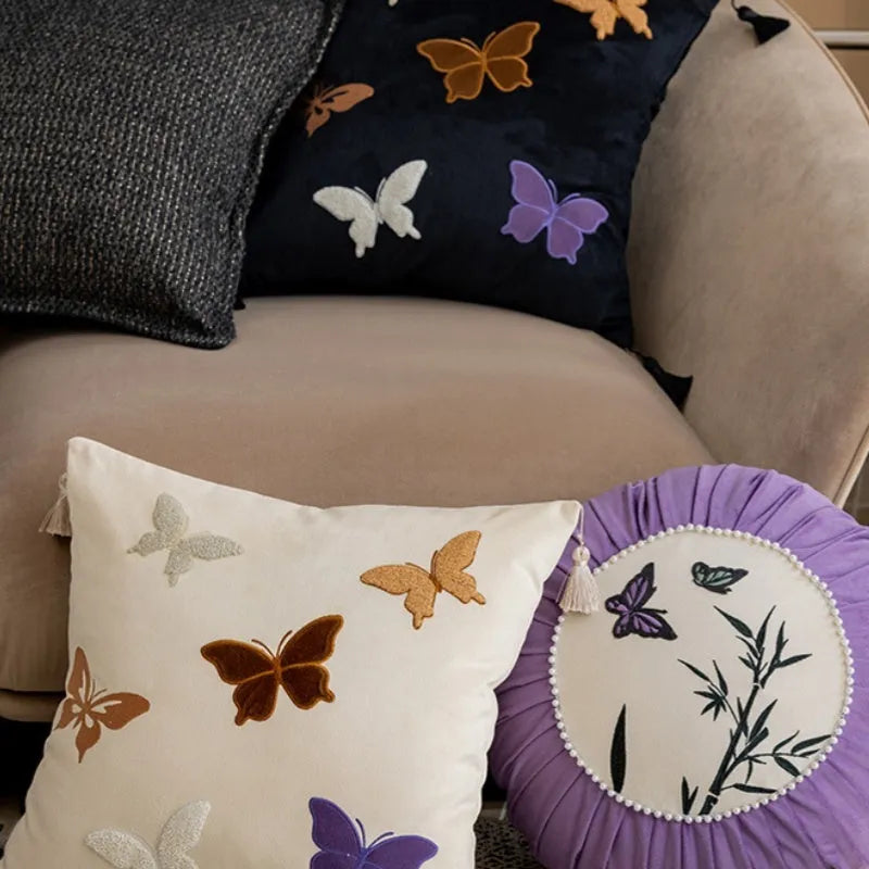 Square butterfly embroidery cushion with Chinese design in beige, black, or purple colours