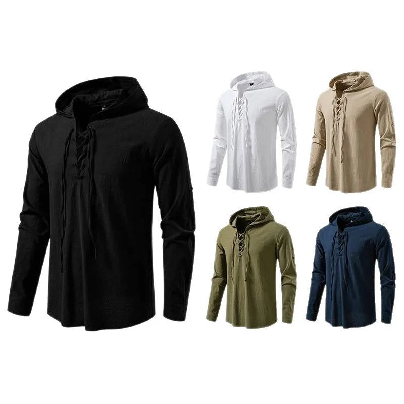 Men's cotton-linen long sleeve shirt with medieval pirate drawstring in khaki colour, slim fit, front view