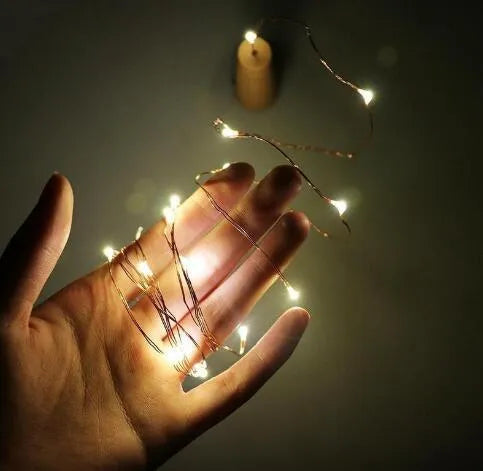 Wine bottle LED string lights with copper wire and bottle stopper for decorative illumination