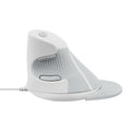 Black and white ergonomic vertical wired optical mouse for desktop computers.