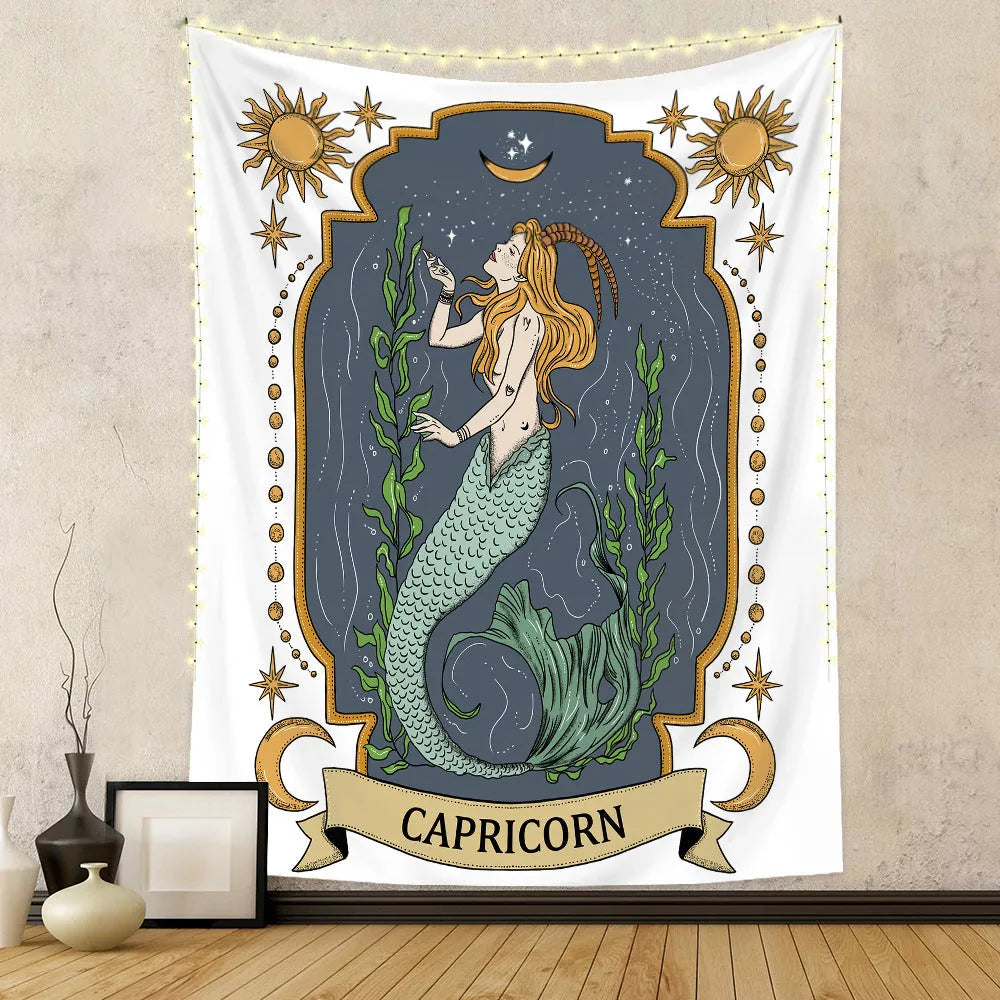 Rectangular polyester fibre tapestry with constellation skull tarot design in multiple sizes 73X95CM to 180X230CM