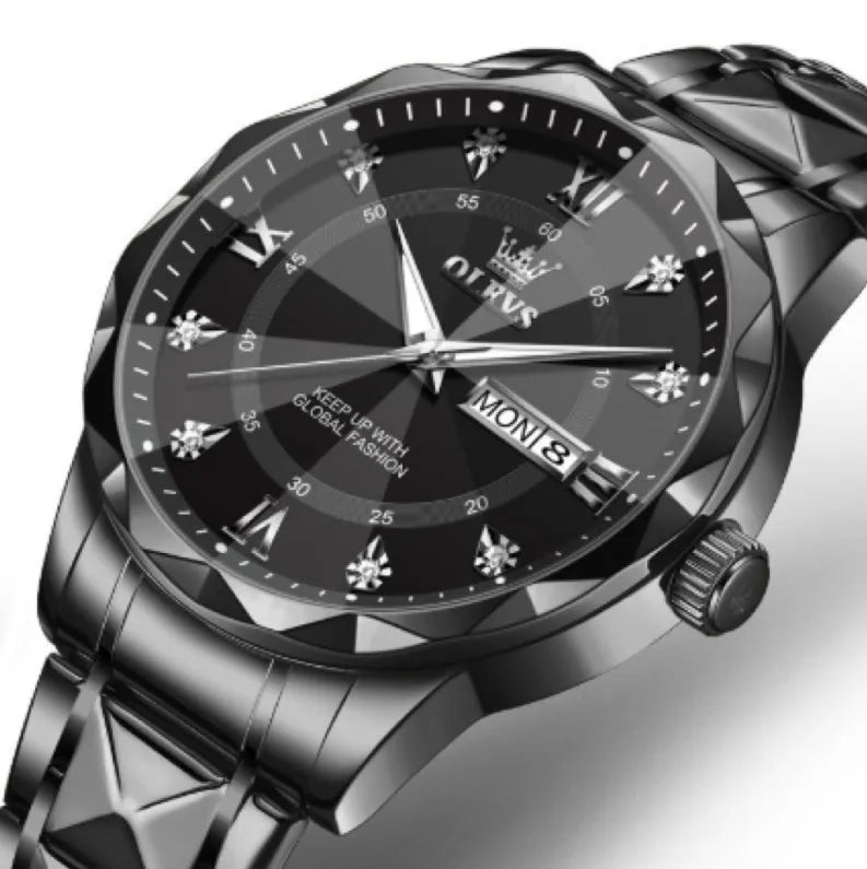 OLEVS 2025 men's luminous waterproof business quartz watch with stainless steel strap, 11mm slim case, steel band blue