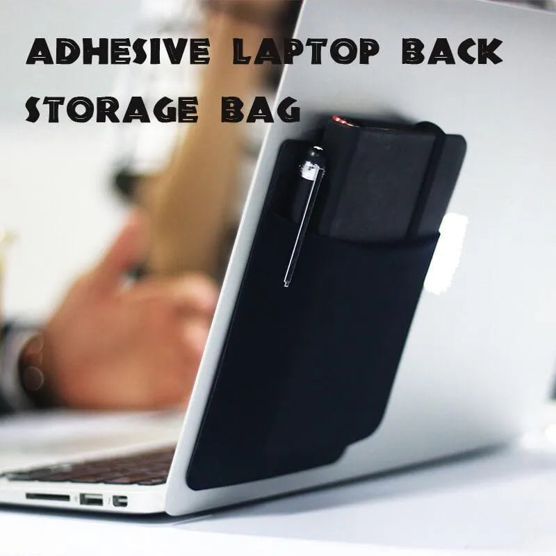 Black self-adhesive Lycra storage bag attached to back of laptop, 15x12cm, with pen loop and earphones visible