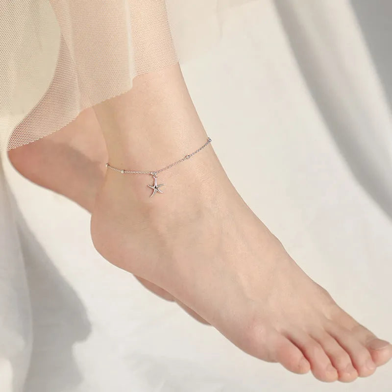 Sterling silver anklet with starfish charm and round beads on chain