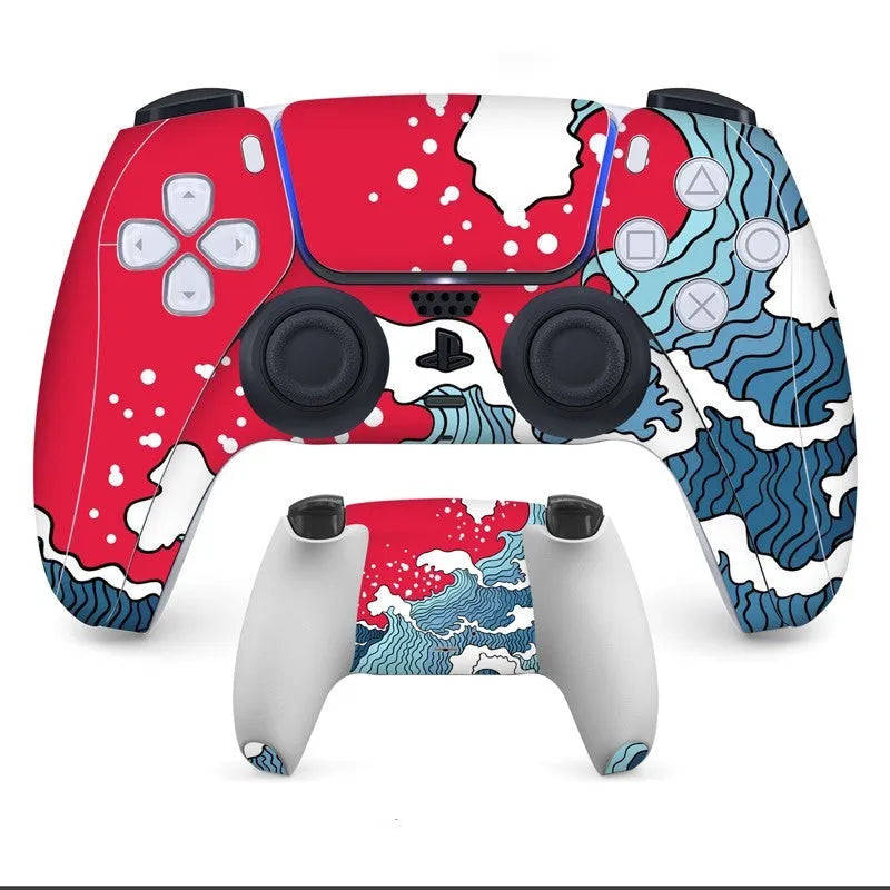 PS5 controller protective sticker kit showing front and back skins in one of eight available styles.