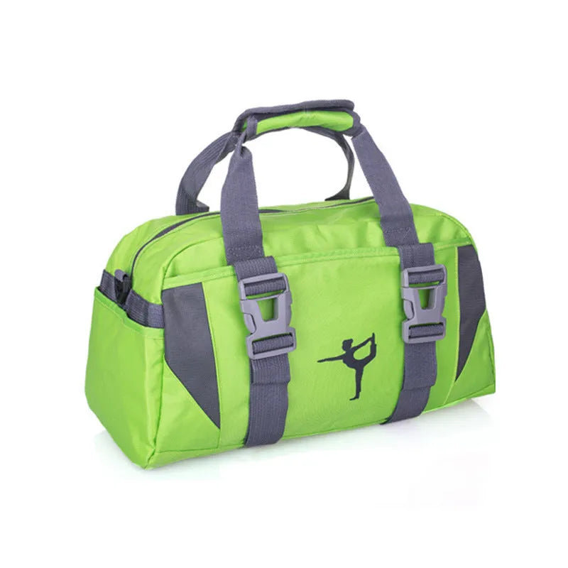 Nylon gym and yoga bag shown in black, available in medium and large sizes.