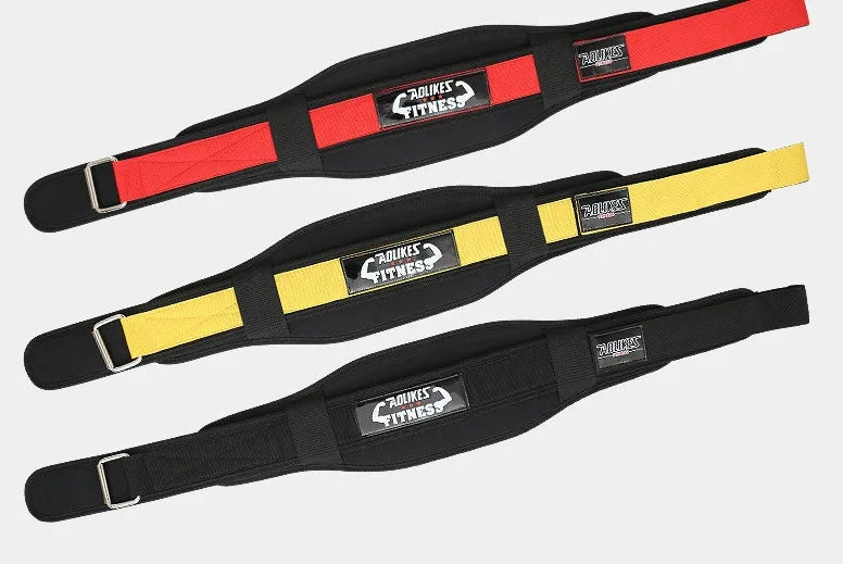 Nylon fitness weightlifting waistband belt in black, red, or yellow for adult use.