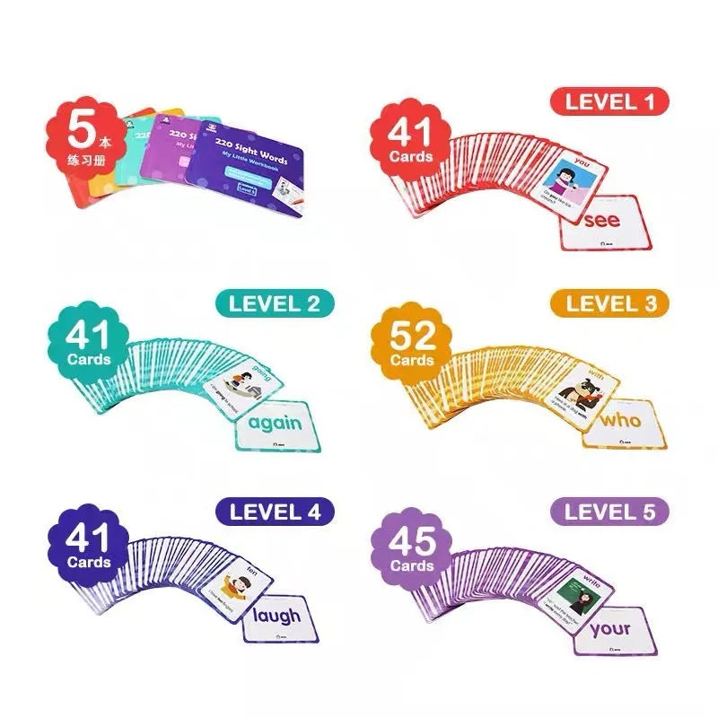 High-frequency word card set with 220 game cards and 5 workbooks for early childhood education