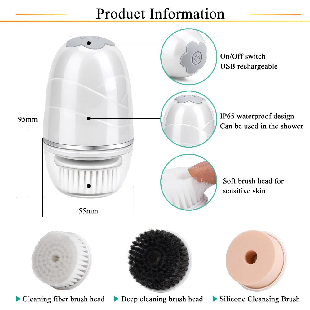 3 in 1 electric facial cleanser with three brush heads and dual speed settings in golden, pink, and white colours