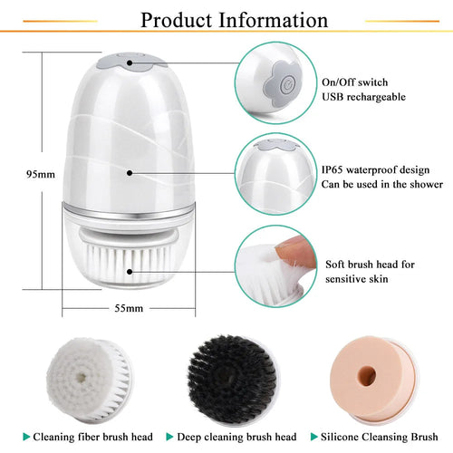 3 in 1 electric facial cleanser with three brush heads and dual speed settings in golden, pink, and white colours