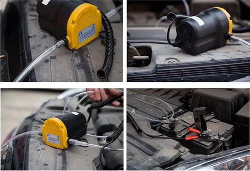 12V electric self-priming diesel oil pump in yellow engineering plastic with hoses and battery clips