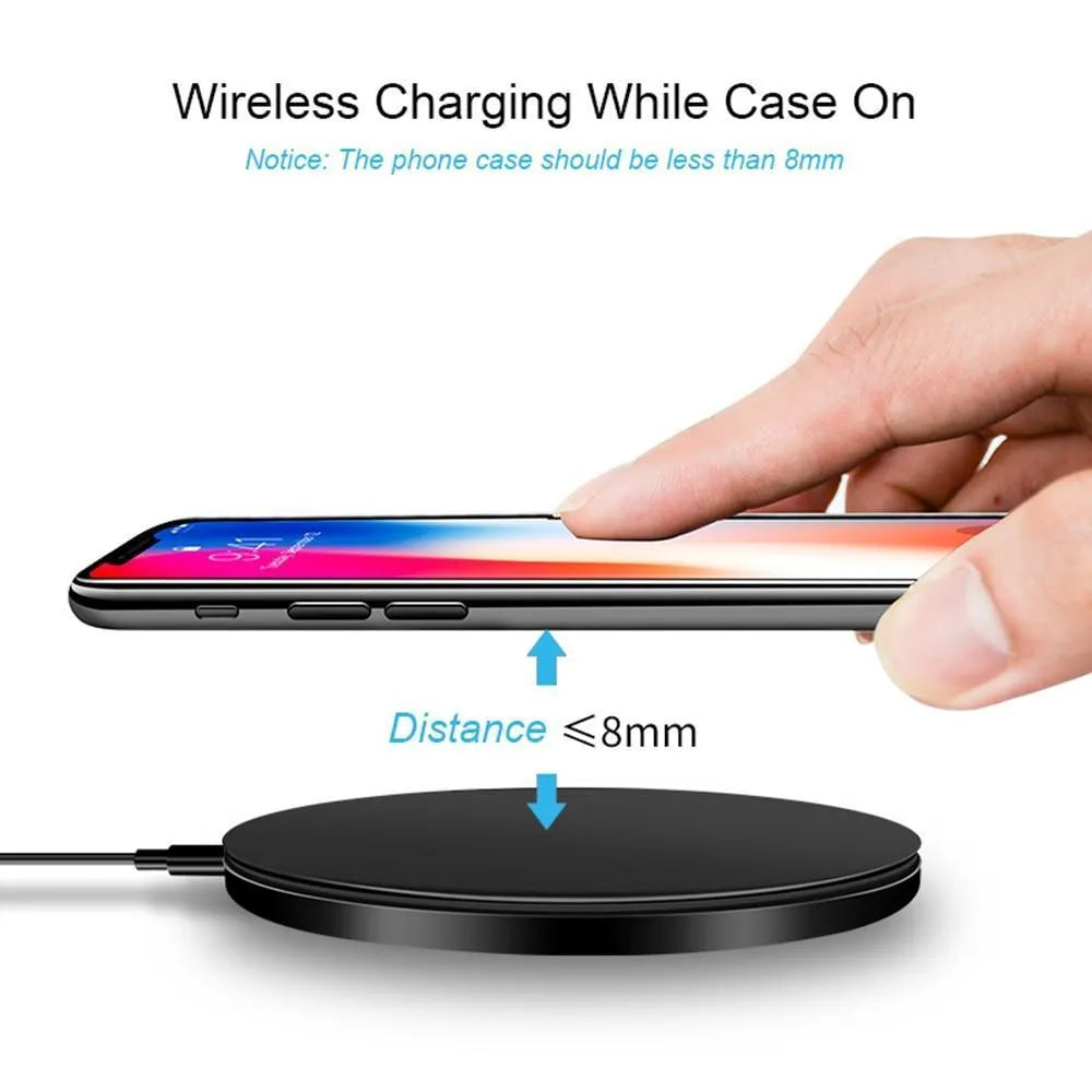 Black ultra-thin wireless fast charging pad with 98mm square dimensions for smartphone charging