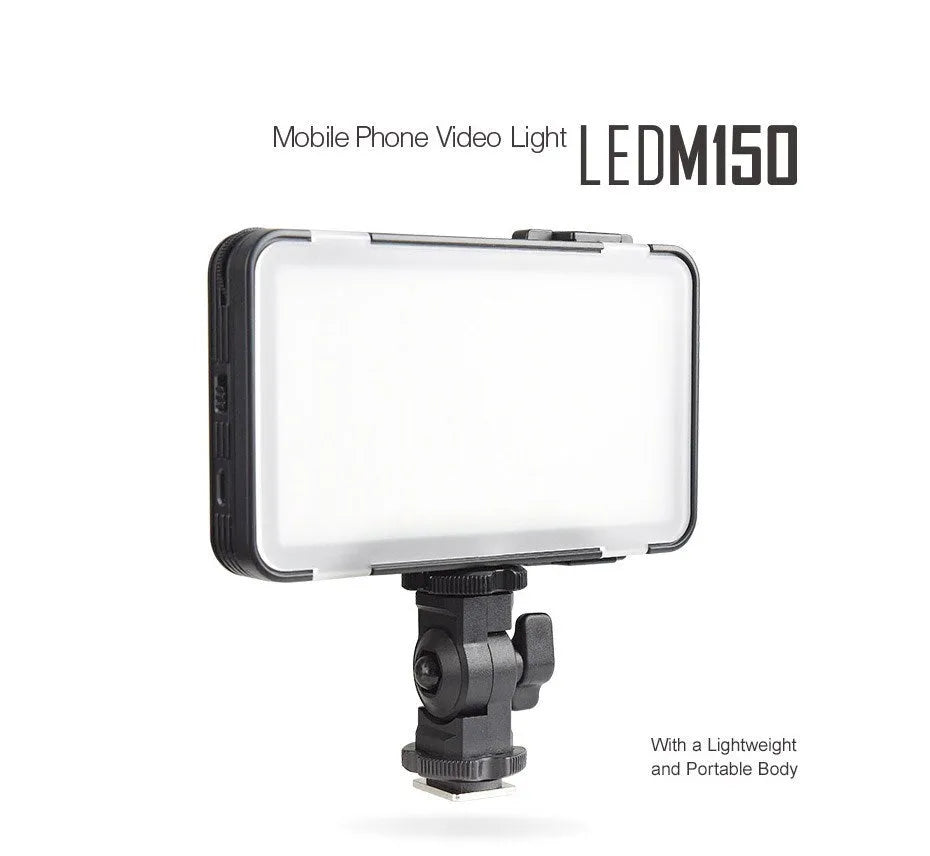 Shenniu M150 ultra-thin LED video light mounted on a mobile phone with L-bracket.