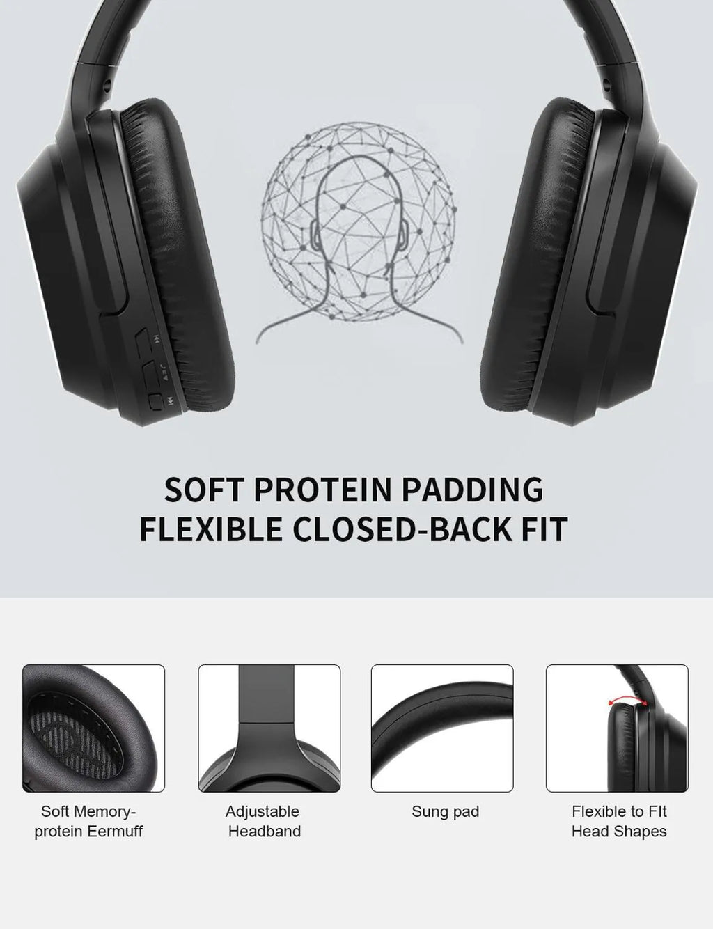 Black Gorsun E98 over-ear wireless Bluetooth headphones showing padded headband and memory-protein ear cushions