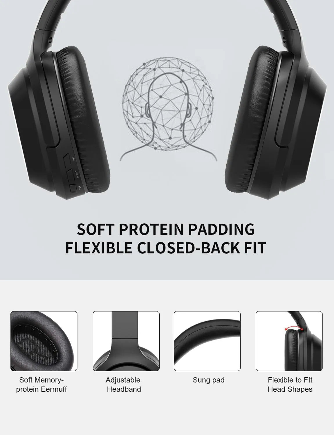 Black Gorsun E98 over-ear wireless Bluetooth headphones showing padded headband and memory-protein ear cushions
