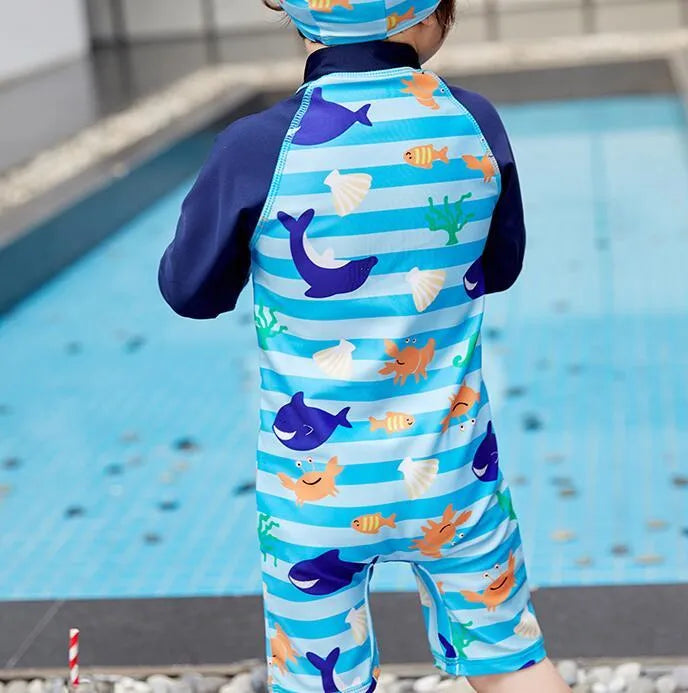 Children's one-piece swimsuit with striped shark pattern, polyester-oxygen blend, size 2-10 yards for ages 1-7