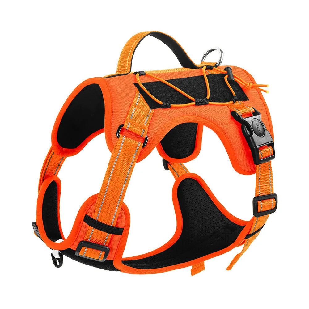 Orange reflective dog harness with black hand-holding rope shown on a dog.