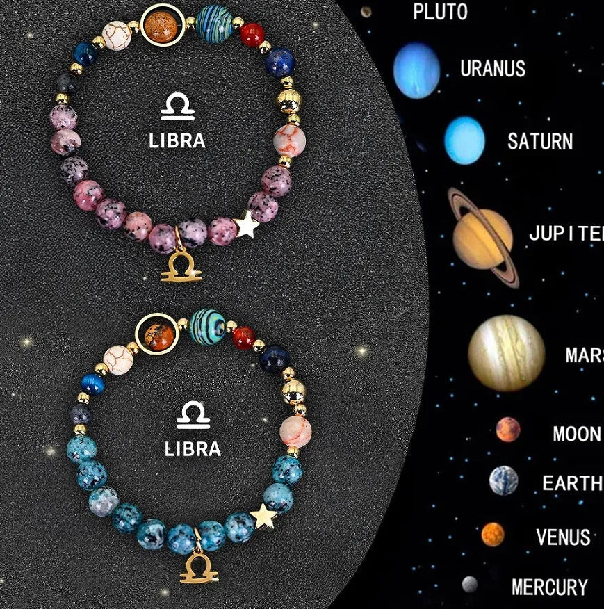 Two natural stone beaded bracelets for zodiac signs laid flat, showing varied bead colours and styles.