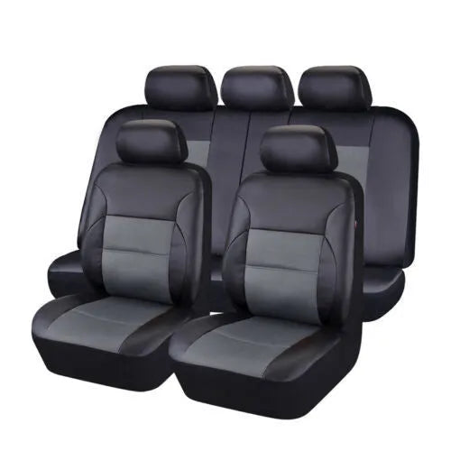 Artificial leather car seat cover set with front seat, backrest, and headrest pieces in multiple colour options