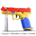 Glock G17 building block assembling gun on transparent stand with bullets and casings